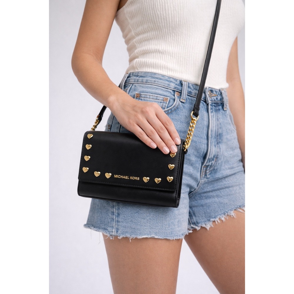 Michael Kors Black‎ Leather Heart Stud Crossbody Bag Gold Hardware Valentines